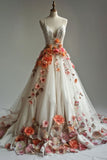 A-line V-neck Tulle Applique Wedding Dress, Elegant Lace Spaghetti Strap Prom Dress HZ1024