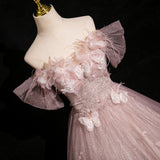 Tulle Sequins Off the Shoulder Butterfly Flower Prom Dress HZ1024