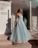 blue A-line spaghetti strap tulle simple long prom dress HZ1024