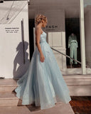 blue A-line spaghetti strap tulle simple long prom dress HZ1024