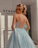 blue A-line spaghetti strap tulle simple long prom dress HZ1024