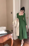 retro square collar wave edge long sleeves mid-length knitted women's dress HZ1024