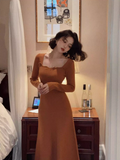 retro square collar wave edge long sleeves mid-length knitted women's dress HZ1024