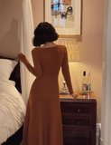retro square collar wave edge long sleeves mid-length knitted women's dress HZ1024
