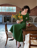 retro square collar wave edge long sleeves mid-length knitted women's dress HZ1024
