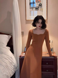 retro square collar wave edge long sleeves mid-length knitted women's dress HZ1024