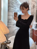 retro square collar wave edge long sleeves mid-length knitted women's dress HZ1024