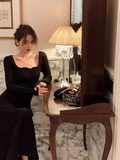 retro square collar wave edge long sleeves mid-length knitted women's dress HZ1024