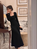 retro square collar wave edge long sleeves mid-length knitted women's dress HZ1024