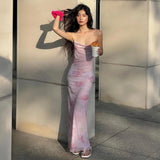 Print Spaghetti Strap Mesh Backless Suspender Dress HZ1024