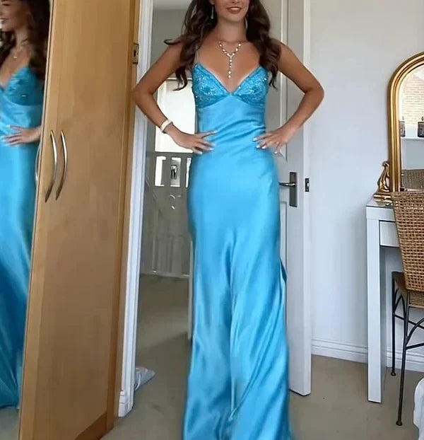 Blue?? Spaghetti Strap Mermaid Gown for Prom&Party Sleeveless Satin Vintage Formal Evening Dress HZ1024