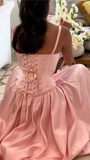 Spaghetti Straps A Line Prom Dress Satin Pink Long Bridesmaid Dresses HZ1024