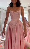 Spaghetti Straps A Line Prom Dress Satin Pink Long Bridesmaid Dresses HZ1024