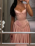Spaghetti Straps A Line Prom Dress Satin Pink Long Bridesmaid Dresses HZ1024