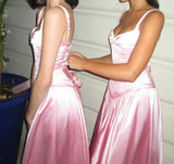 Spaghetti Straps A Line Prom Dress Satin Pink Long Bridesmaid Dresses HZ1024