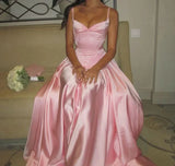 Spaghetti Straps A Line Prom Dress Satin Pink Long Bridesmaid Dresses HZ1024