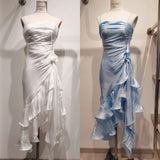 Spaghetti Straps Chiffon Satin Ruffled Prom Dresses Fairytale Party Dresses HZ1024