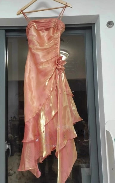 Spaghetti Straps Chiffon Satin Ruffled Prom Dresses Fairytale Party Dresses HZ1024