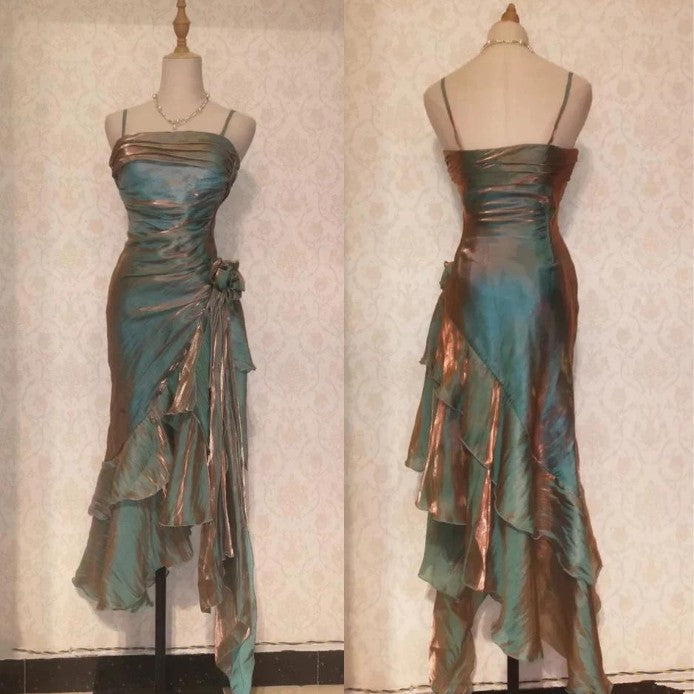 Spaghetti Straps Chiffon Satin Ruffled Prom Dresses Fairytale Party Dresses HZ1024