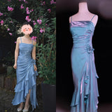 Spaghetti Straps Chiffon Satin Ruffled Prom Dresses Fairytale Party Dresses HZ1024