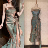 Spaghetti Straps Chiffon Satin Ruffled Prom Dresses Fairytale Party Dresses HZ1024