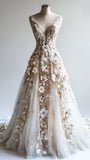 A-line V-neck Tulle 3D Applique Wedding Dress Simple Beaded Evening Gown HZ1024