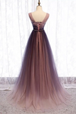 Deep V neck Pleated Purple Tulle Formal Prom Dress Flowing HZ1024