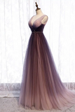 Deep V neck Pleated Purple Tulle Formal Prom Dress Flowing HZ1024