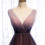 Deep V neck Pleated Purple Tulle Formal Prom Dress Flowing HZ1024