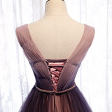 Deep V neck Pleated Purple Tulle Formal Prom Dress Flowing HZ1024