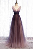 Deep V neck Pleated Purple Tulle Formal Prom Dress Flowing HZ1024