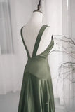 A-Line Dark Green SatinV-Neckline Low Back Prom Dress, Dark Green Formal Dress HZ1024