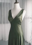 A-Line Dark Green SatinV-Neckline Low Back Prom Dress, Dark Green Formal Dress HZ1024