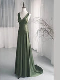 A-Line Dark Green SatinV-Neckline Low Back Prom Dress, Dark Green Formal Dress HZ1024