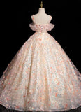A-line Spaghetti Straps Lace Tulle Flowers Sweetheart Long Prom Dress, Pink Off Shoulder Sweet 16 Dress HZ1024