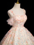 A-line Spaghetti Straps Lace Tulle Flowers Sweetheart Long Prom Dress, Pink Off Shoulder Sweet 16 Dress HZ1024