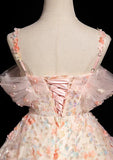 A-line Spaghetti Straps Lace Tulle Flowers Sweetheart Long Prom Dress, Pink Off Shoulder Sweet 16 Dress HZ1024