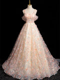 A-line Spaghetti Straps Lace Tulle Flowers Sweetheart Long Prom Dress, Pink Off Shoulder Sweet 16 Dress HZ1024