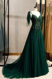 A-line V-Neck Tulle Beaded Long Prom Dress, Elegant Spaghetti Straps Lace Evening Dress HZ1024