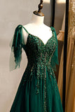 A-line V-Neck Tulle Beaded Long Prom Dress, Elegant Spaghetti Straps Lace Evening Dress HZ1024