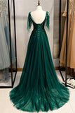 A-line V-Neck Tulle Beaded Long Prom Dress, Elegant Spaghetti Straps Lace Evening Dress HZ1024