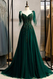 A-line V-Neck Tulle Beaded Long Prom Dress, Elegant Spaghetti Straps Lace Evening Dress HZ1024