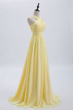 Front Pale Yellow Pleated Chiffon Long Bridesmaid Dress Long Prom Dress HZ1024