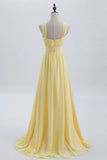 Front Pale Yellow Pleated Chiffon Long Bridesmaid Dress Long Prom Dress HZ1024