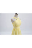 Front Pale Yellow Pleated Chiffon Long Bridesmaid Dress Long Prom Dress HZ1024