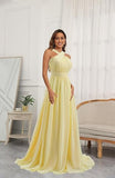 Front Pale Yellow Pleated Chiffon Long Bridesmaid Dress Long Prom Dress HZ1024