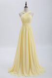 Front Pale Yellow Pleated Chiffon Long Bridesmaid Dress Long Prom Dress HZ1024
