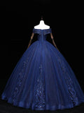 Blue A-Line Tulle Beading Off Shoulder Party Dress, Navy Blue Lace Applique Sequin Prom Dress HZ1024