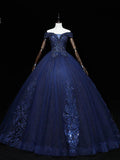 Blue A-Line Tulle Beading Off Shoulder Party Dress, Navy Blue Lace Applique Sequin Prom Dress HZ1024