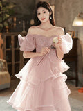 A-line Off Shoulder Tulle Sequins Long Prom Dress, Pink Sweet 16 Dress HZ1024